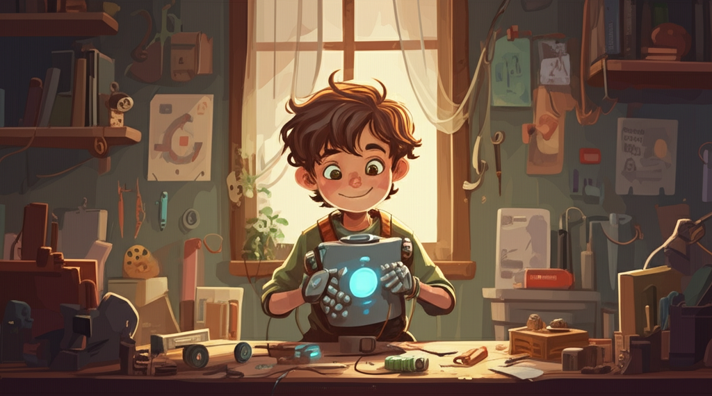 The boy and his freind rob, a robot AI.